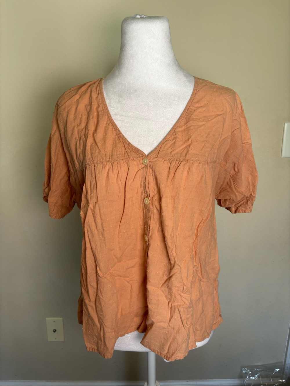 Madewell Women’s Brown Solid V-Neck Button Front Short Sleeve Cotton Blouse S
